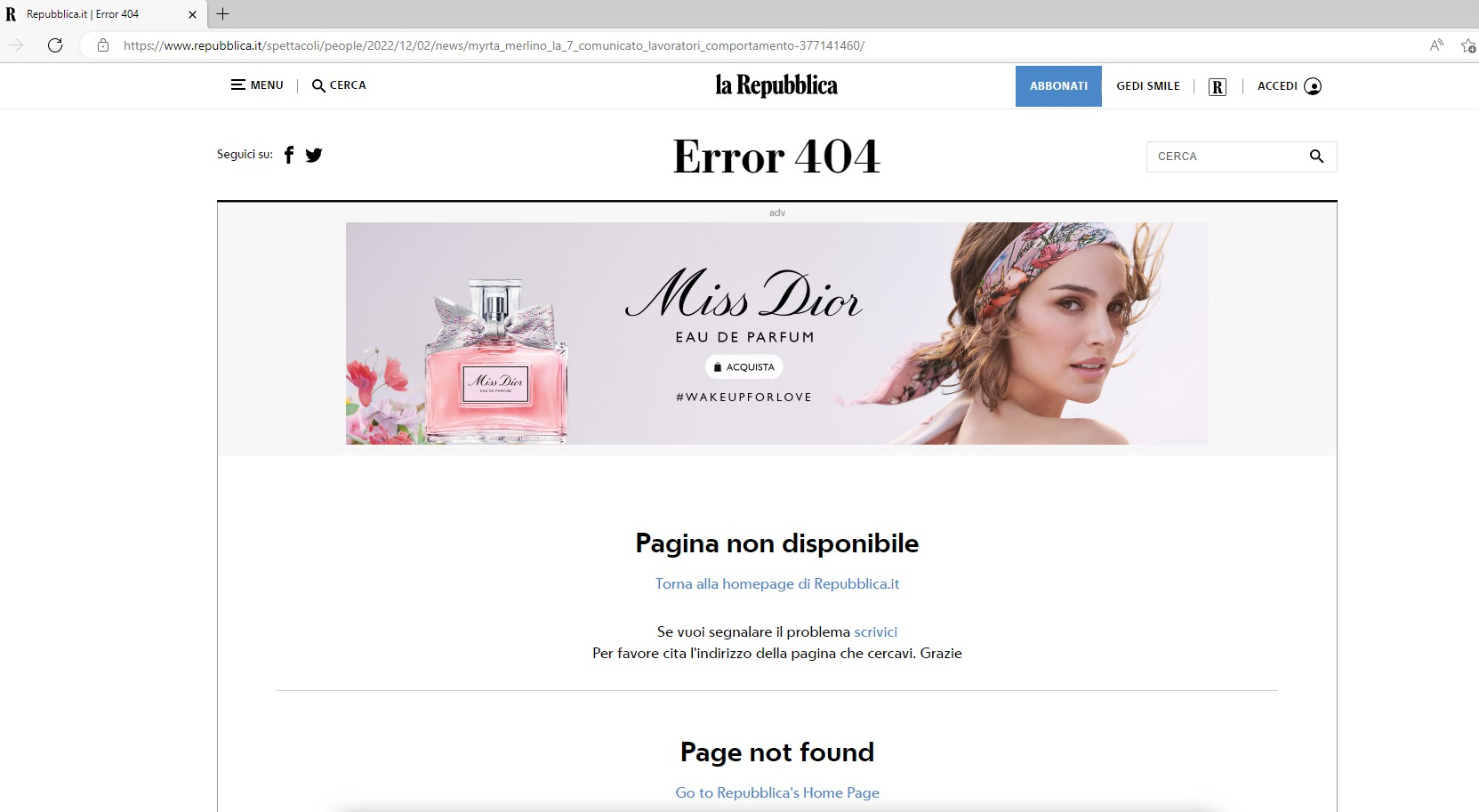Myrta Merlino pagina Repubblica non trovata
