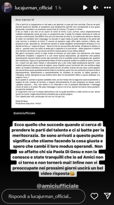 Luca Jurman replica alla produzione di Amici