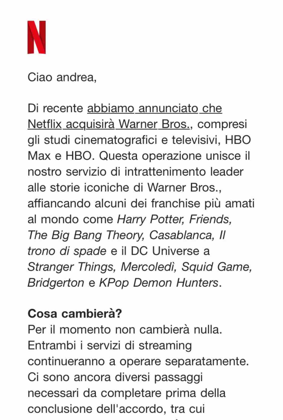 La mail che Netflix ha spedito agli abbonati