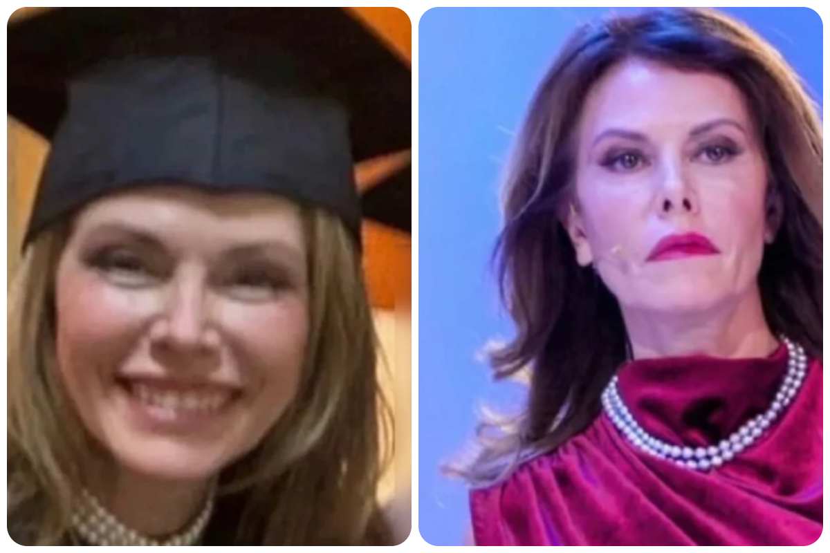 collage della dama cinzia paolini, a sinistra al suo diploma a destra a Uomini e Donne