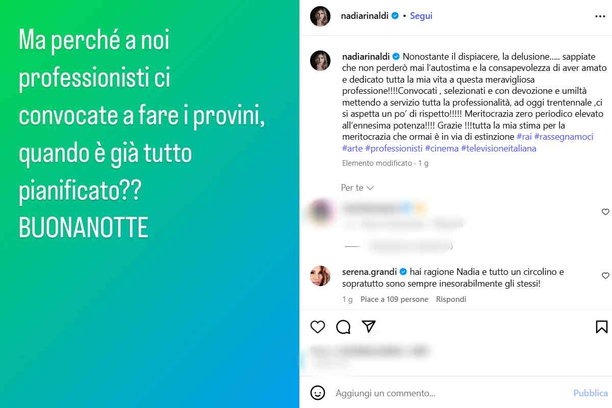 Nadia Rinaldi sfogo social